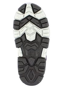 Hardloopschoenzool met een multidirectioneel loopvlakpatroon; zwarte rubber met lichtgrijze accenten; stevig en gestructureerd voor grip.