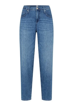 Helles blaues Denim-Jeans mit geradem Schnitt, fünf Taschen, Knopfverschluss und genähten Details entlang der Nähte.