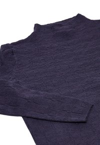 Dunkelvioletter Pullover mit hohem Kragen, strukturierter Musterung und langen Ärmeln. Hergestellt aus einem weichen Stoff, der leicht wirkt.
