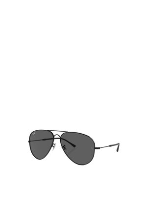 Occhiali da sole aviator neri con lenti scure, montatura in metallo sottile, doppio ponte e naselli regolabili. Presentano una marcatura minimale sulle lenti.