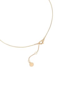 Gouden choker halsketting met een flexibele metalen ketting, voorzien van een karabijnsluiting en een decoratieve ketting met een ronde hanger.