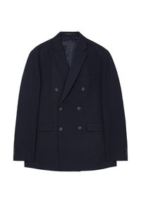 Blazer doppiopetto blu navy in tessuto testurizzato, con due tasche frontali, revers a punta e quattro bottoni decorativi su ciascun polsino.