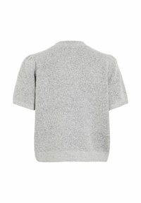 Gaiši pelēks īsroku džemperis ar struktūrētu adījuma rakstu, apaļu kakla izgriezumu un ribotu apakšmalu. Izskatās mīksts un ikdienišķs stilā.