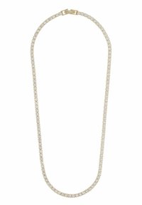 En guldtonad halskedja med en symmetrisk design och klara, rundslipade kristaller i ett linjärt mönster, försluten med en låsning.