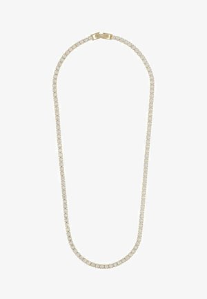 Gold-tone necklace featuring a symmetrical design with clear, round-cut crystals set in a linear pattern, secured with a clasp closure.