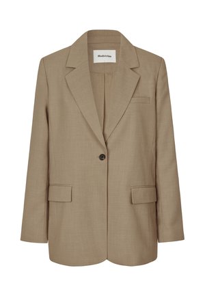 Beige blazer with a notched collar, single button closure, two front pockets, and a textured fabric. Label visible inside collar.