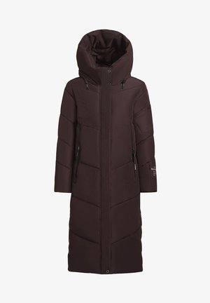 Pikk pruun puffer-kate kõrge kraega, chevron-mustriga paneelid, kaks külgset ziplukku ja nööbiga sulekoht hemil.