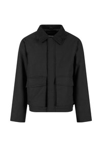 Black jacket with a corduroy collar, front zipper concealed by a flap, and two large flap pockets at the waist.