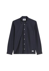 Marineblauw overhemddiep shirt van geweven stof, met een klassieke kraag, lange mouwen, een borstzak en een klein label aan de zoom.
