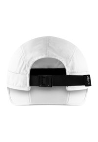 White hat with a curved brim, featuring a textured fabric. Adjustable black strap at the back with a buckle. Logo on the strap.