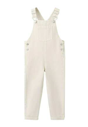 Kremfarvede denim-overalls med justerbare stropper, lomme på brystet foran og knapdetaljer på siderne.