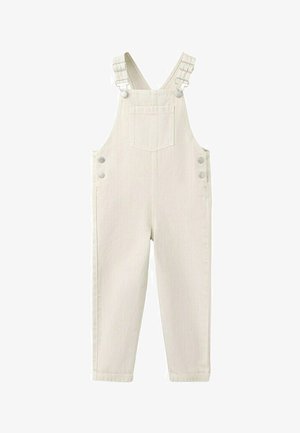 Salopette en denim couleur crème avec bretelles ajustables, poche poitrine avant et détails à boutons sur les côtés.