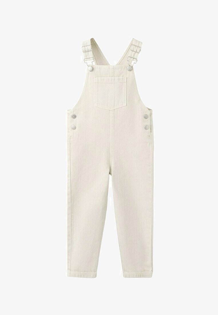 Salopette en denim couleur crème avec bretelles ajustables, poche poitrine avant et détails à boutons sur les côtés.