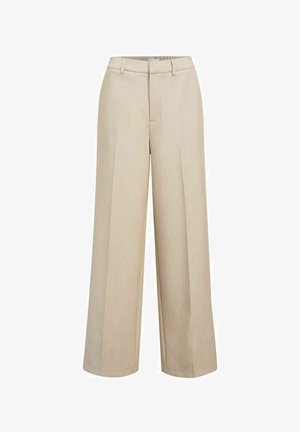 Beige Hosen mit weitem Bein, die über ein Nadelstreifenmuster, eine hohe Taille und Falten verfügen, gefertigt aus leichtem Stoff für einen strukturierten Look.