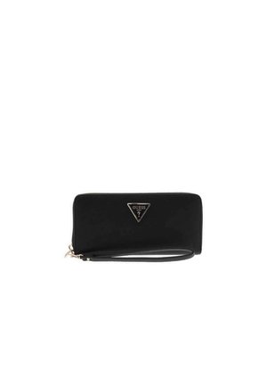 Portafoglio nero realizzato in materiale testurizzato, con un logo triangolare in tonalità oro, chiusura con zip e un cinturino per polso staccabile.