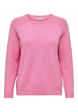 Pink knitted sweater with a round neckline, ribbed cuffs, and hem. Features a soft texture and a relaxed fit design.