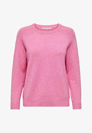 Suéter de punto rosa con cuello redondo, puños y dobladillo acanalados. Presenta una textura suave y un diseño de corte relajado.