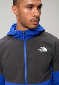 Fliisist jakke brändilt The North Face, halli keha, sinised aksessuaarid, täis lukuga ja logo vasakul rinnal. Pehme tekstuur, sportlik lõige.