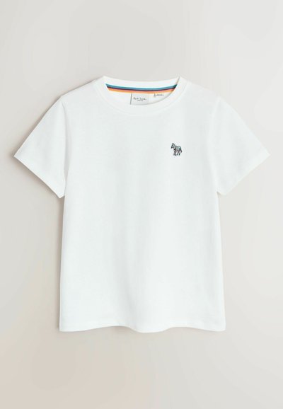 Hvid bomuld T-shirt med korte ærmer og rund halsudskæring. Har en lille flerfarvet zebra-broderi på venstre bryst.