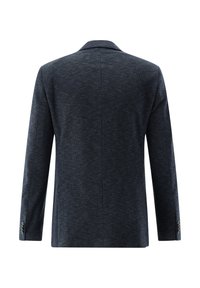 Navy blazer made of textured fabric with a tailored fit. Features a notched collar, long sleeves, and four-button cuff accents.