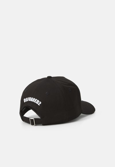 Cappellino da baseball nero in cotone con visiera curva, dotato di un logo "DSQUARED2" ricamato sul retro e una fascia regolabile.