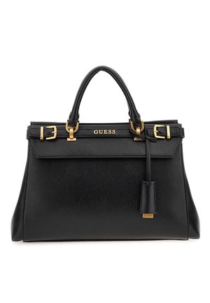 Sac à main Guess en cuir noir texturé avec doubles poignées, boucles dorées, logo et housse pour clé fixée sur le rabat avant.