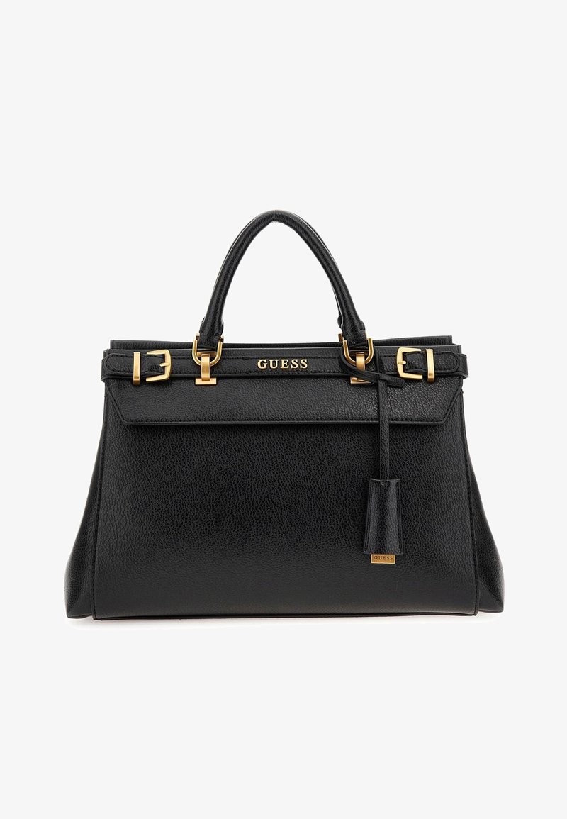 Sac à main Guess en cuir noir texturé avec doubles poignées, boucles dorées, logo et housse pour clé fixée sur le rabat avant.
