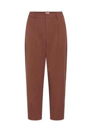 Smeđe hlače visokog struka, suženog kroja, s petljama za remen, prednjim nabranim naborima i skrivenim patentnim zatvaračem te kukicom za kopčanje.