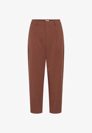 Smeđe hlače visokog struka, suženog kroja, s petljama za remen, prednjim nabranim naborima i skrivenim patentnim zatvaračem te kukicom za kopčanje.