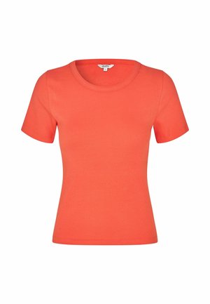 Rövid ujjú, testhezálló korall színű bordázott kötött felső kerek nyakkivágással, kis méretben, fehér háttéren bemutatva.