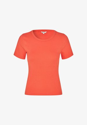 Koraalroze, nauwsluitende ribgebreide top met korte mouwen en ronde halslijn, maat small, weergegeven op een witte achtergrond.