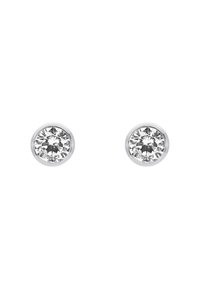 Pendientes de aro redondos con piedras de circonio cúbico claras y brillantes, engastadas en metal de tono plateado pulido. Diseño minimalista, sin adornos adicionales.