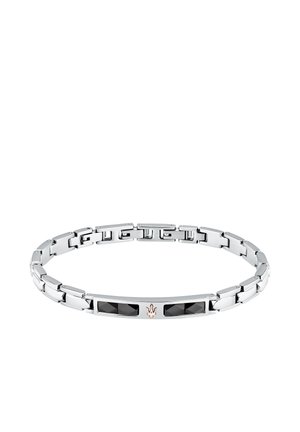 Silverarmband med länkade segment, med två rektangulära svarta stenar och en liten accent i roséguld i mitten. Slät, glänsande yta.