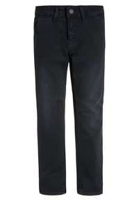 Pantalones de algodón negros con un corte clásico de pierna recta, con cierre frontal de botones y diseño de cinco bolsillos. Textura suave y costuras mínimas.