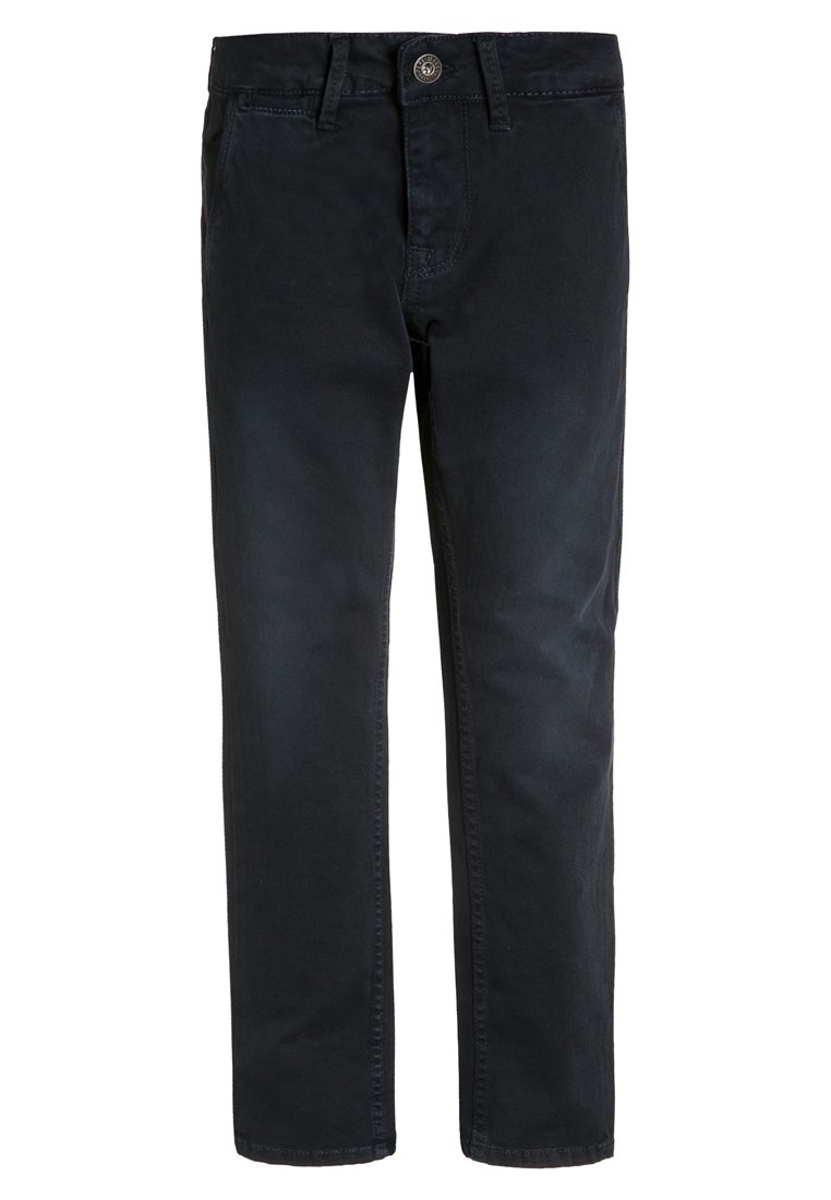 Pantalones de algodón negros con un corte clásico de pierna recta, con cierre frontal de botones y diseño de cinco bolsillos. Textura suave y costuras mínimas.