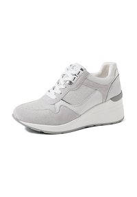 Sneakers grigio chiaro caratterizzati da un mix di materiali scamosciati e in rete, con colletto imbottito, lacci piatti e suola a zeppa per un'altezza extra.