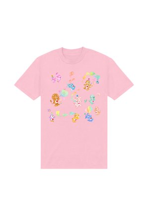 Rosa T-Shirt mit bunten Cartoon-Tieren, die herzförmige Ballons halten und auf der Vorderseite in einem verstreuten Muster angeordnet sind.