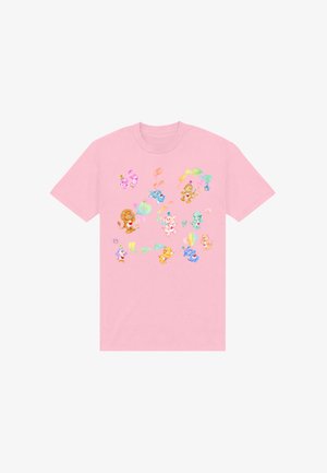 Rosa T-Shirt mit bunten Cartoon-Tieren, die herzförmige Ballons halten und auf der Vorderseite in einem verstreuten Muster angeordnet sind.