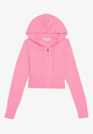 Rosa cropped hettegenser med glidelås, ribbestrikket kant og mansjetter, med snor i hetten. Myk tekstur og strikket materiale.