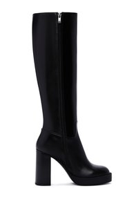 Black knee-high boot made of smooth leather, featuring a side zipper, chunky block heel, and rounded toe.