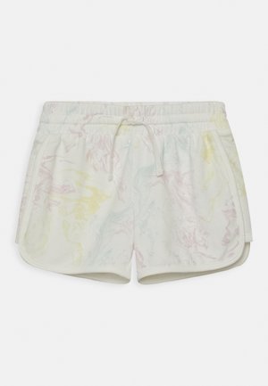 Shorts blancs à taille élastique avec cordon, poches latérales et subtil motif marbré pastel aux tons jaunes, roses et bleus.