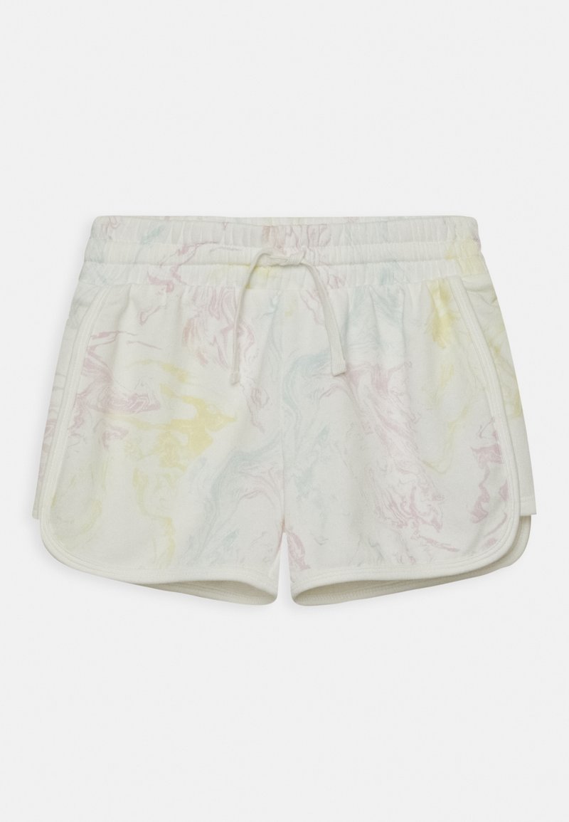 Shorts blancs à taille élastique avec cordon, poches latérales et subtil motif marbré pastel aux tons jaunes, roses et bleus.