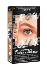 Boîte de teinture pour sourcils L'Oréal Paris Brow Color, présentant une image marquante d'un sourcil de mannequin, label de teinte blond foncé et mention sans ammoniaque.