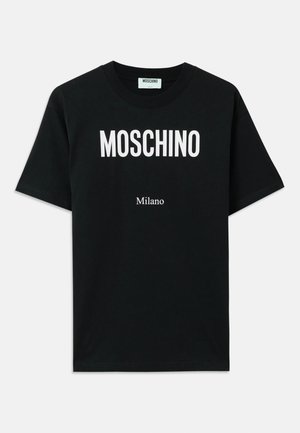 Black cotton t-shirt featuring bold white "MOSCHINO" logo at the top and "Milano" below, with short sleeves and a crew neckline.