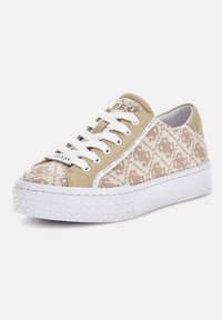 Sneaker in tessuto a fantasia beige con suola in gomma bianca, dotato di lacci e accenti di marca sul lato. Superficie texture e forma arrotondata.