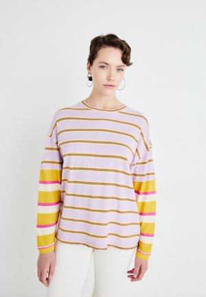 Striped sweater in lilac with yellow, pink, and white stripes; long sleeves feature color-blocked design; soft texture.