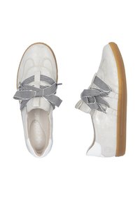White glitter sneakers featuring a striped bow on top, cushioned interior, and a durable gum sole. Rounded design with a smooth texture.
