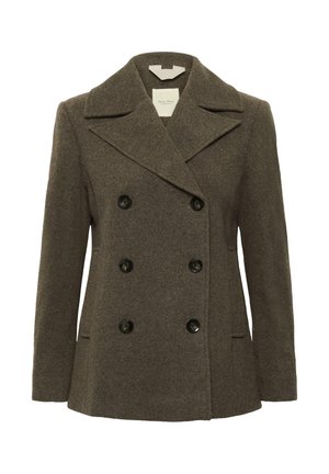 Cappotto doppiopetto in lana marrone con grandi bottoni neri, ampie rever e due tasche anteriori. Tessuto morbido e strutturato.