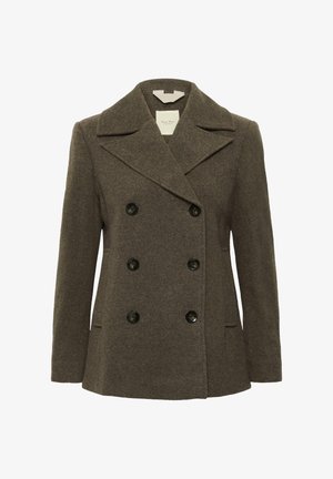 Brown wool double-breasted coat with large black buttons, wide lapels, and two front pockets. Soft, textured fabric.