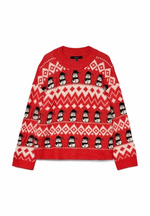 Rød strikket sweater med snemandsmønstre, med et hvidt diamantmønster på kroppen og sorte detaljer på snemændenes hatte.